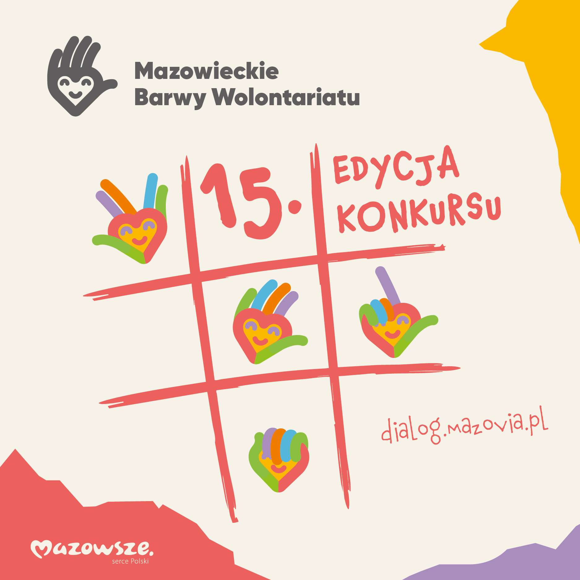 grafika przedstawia informację o naborze zgłoszeń w terminie od 1 do 30 września 2025 roku do 15 edycji konkursu "Mazowieckie Barwy Wolontariatu"